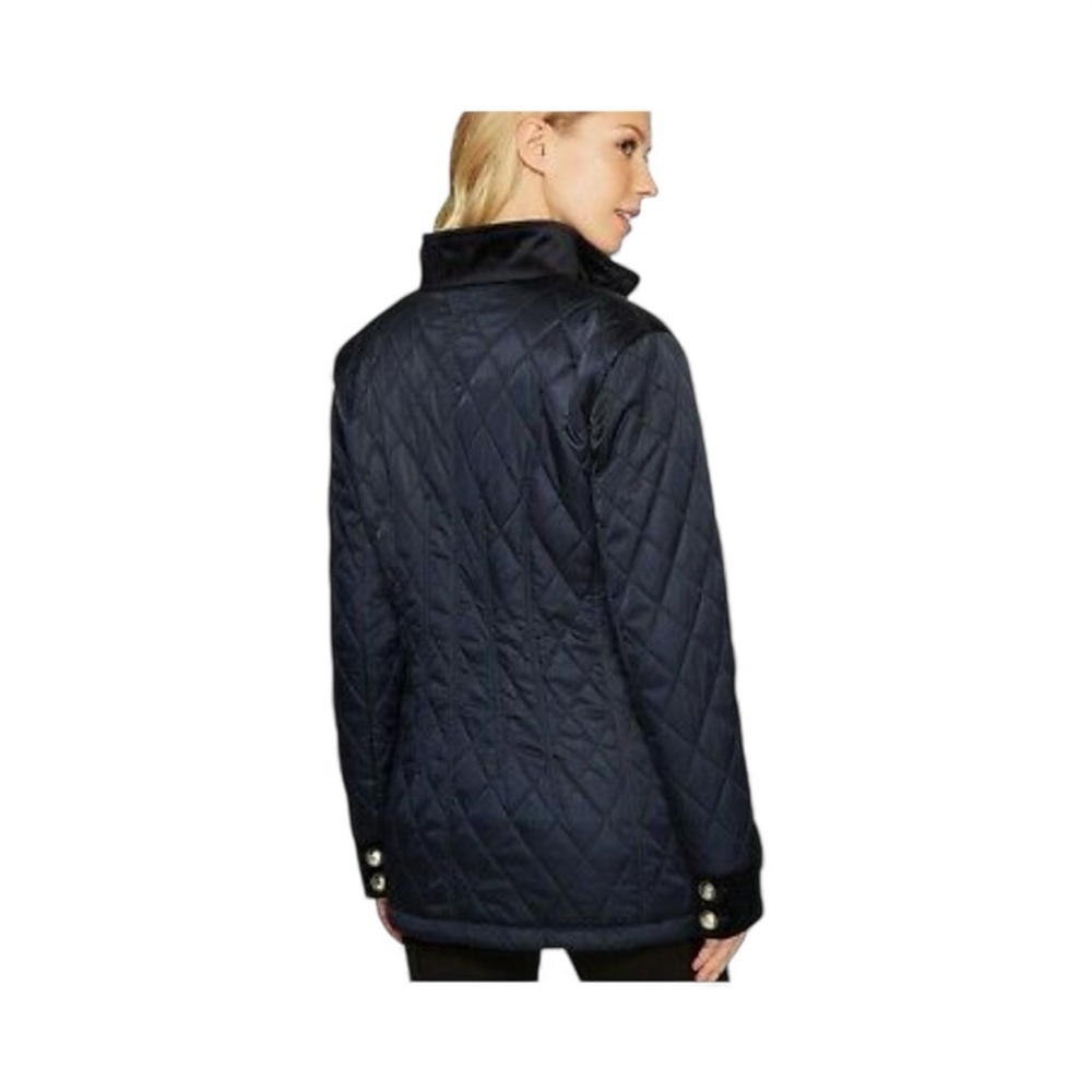 VINCE CAMUTO Navy Quilted Velvet Trim Lined Jacket Gold Buttons Pockets EUC L - Picture 3 of 12